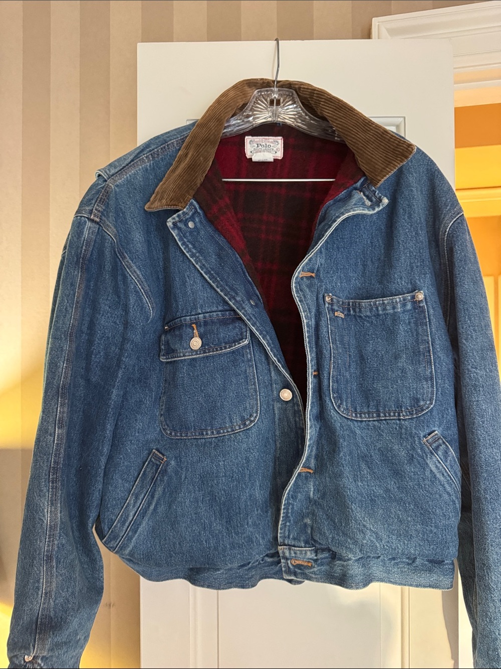 Men’s Vintage Polo Ralph Lauren Denim Jacket with Corduroy Collar and Lining